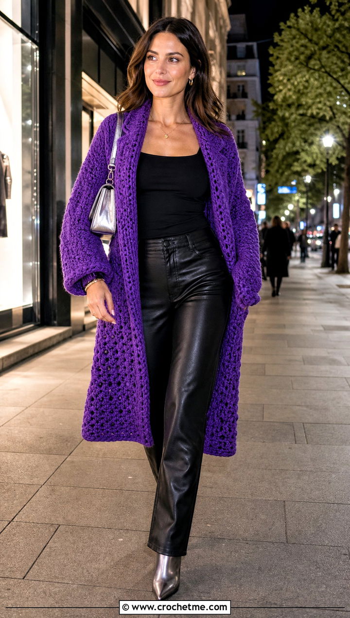 Chunky Crochet Coatigan With Leather Pants - 25 Chunky Crochet Coat outfit ideas