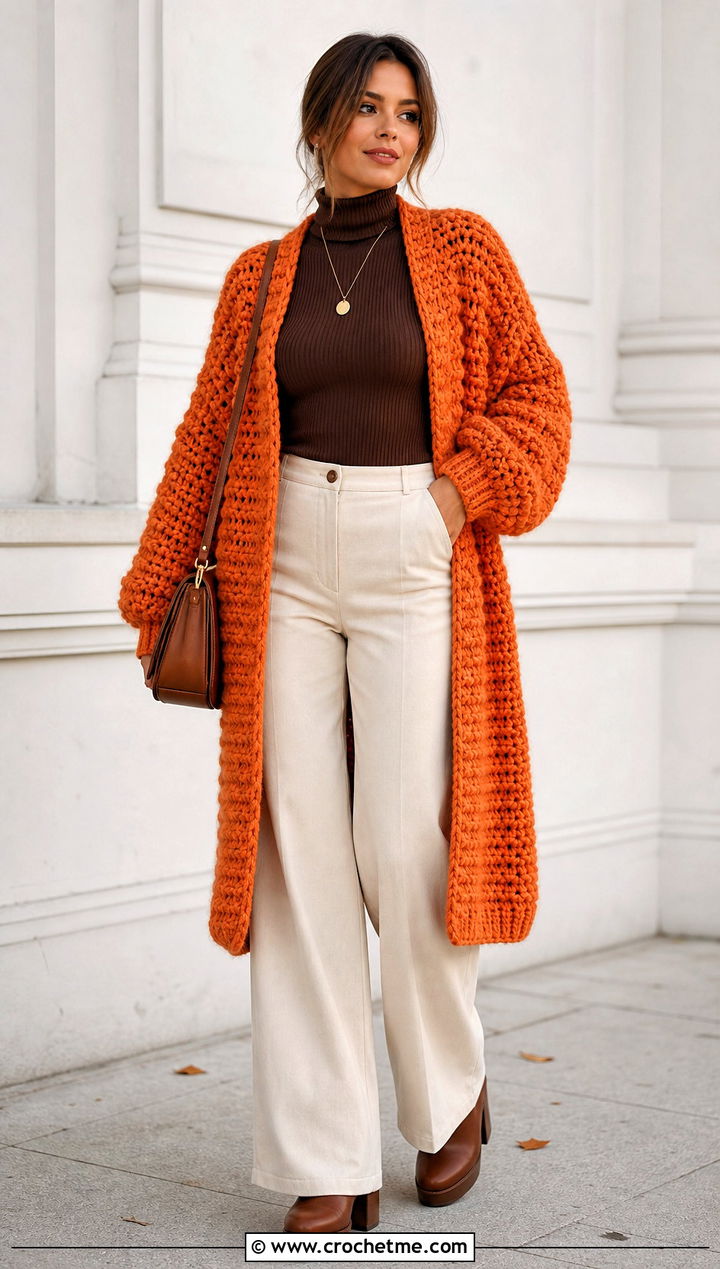 Chunky Crochet Coatigan With Wide Leg Pants - 15 crochet coat size m outfit ideas