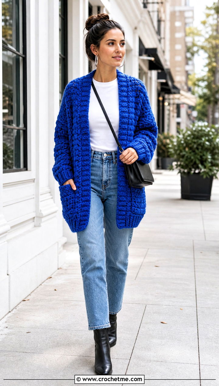 Chunky Crochet Cocoon Cardigan With Straight Leg Jeans - 15 Easy Crochet Cocoon Cardigan outfit ideas