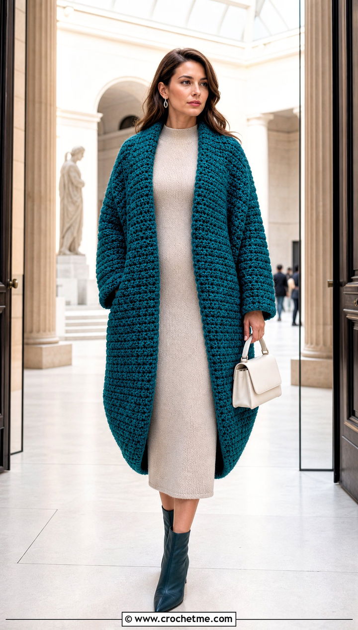 Chunky Crochet Cocoon Coat With Knit Midi Dress - 25 Chunky Crochet Coat outfit ideas