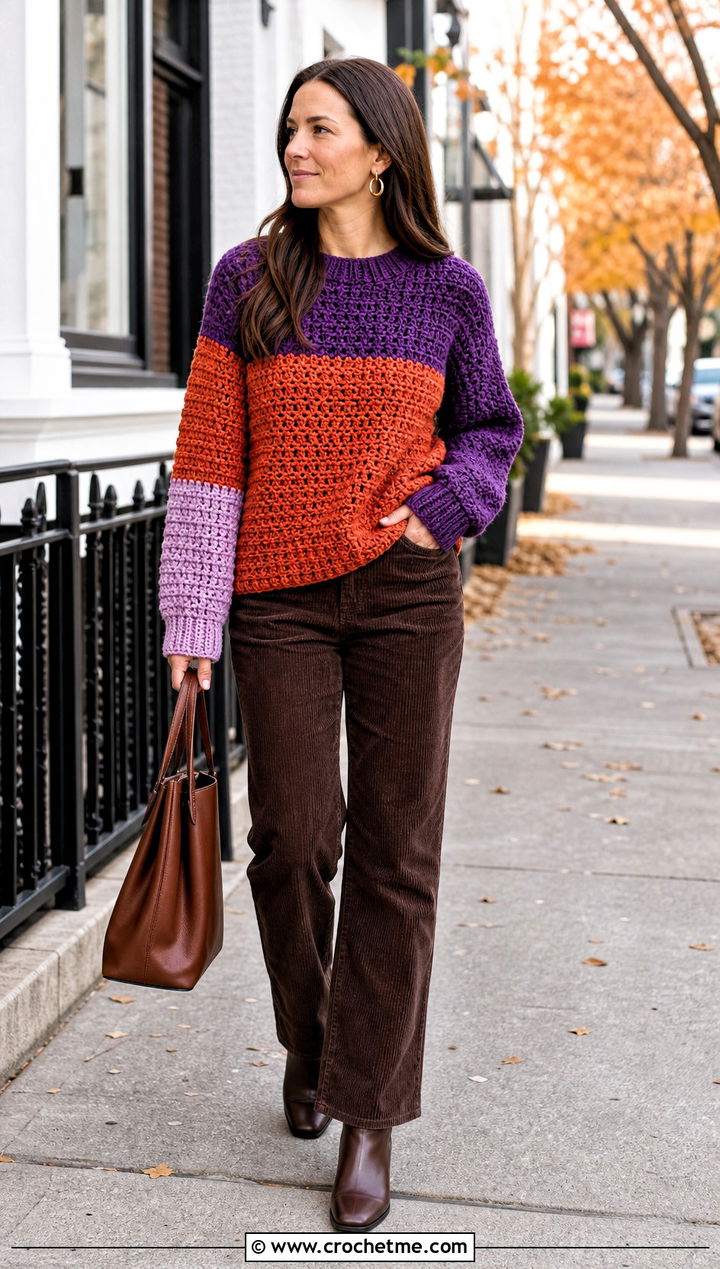 Chunky Crochet Colorblock Sweater With Corduroy Pants - 30 crochet colorblock sweater outfit ideas