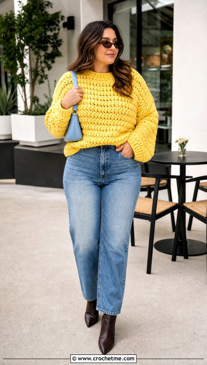 Chunky Crochet Couch Sweater With Straight Leg Jeans - 15 Crochet Couch Sweater outfit ideas