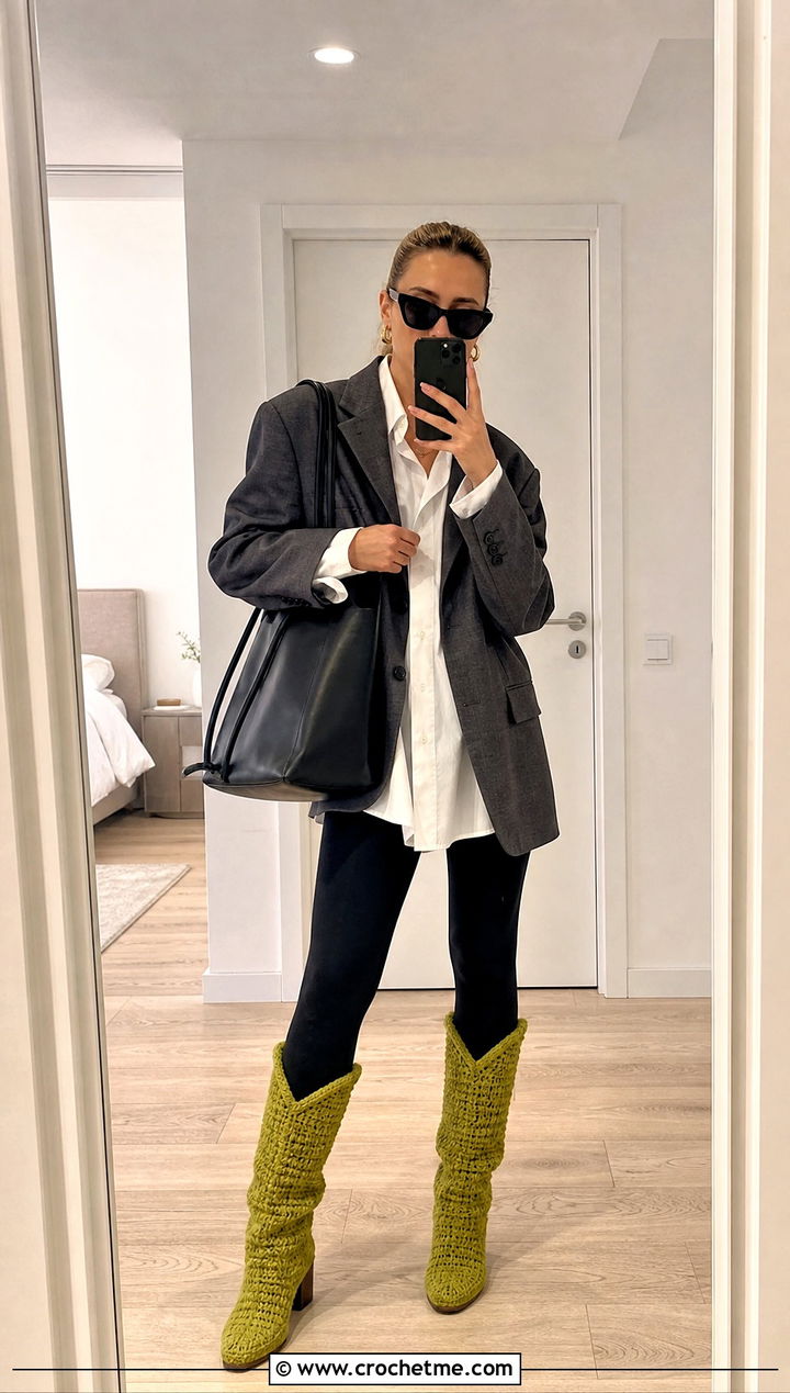Chunky Crochet Cowboy Boots With Leggings And A Blazer - 25 Crochet Cowboy Boot outfit ideas
