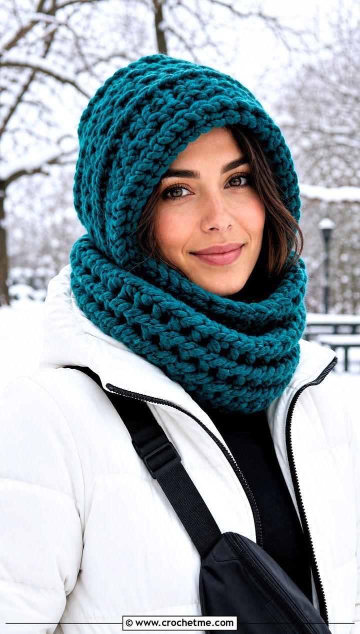 Chunky Crochet Cowl Hat With Puffer Jacket - 25 crochet cowl hat outfit ideas