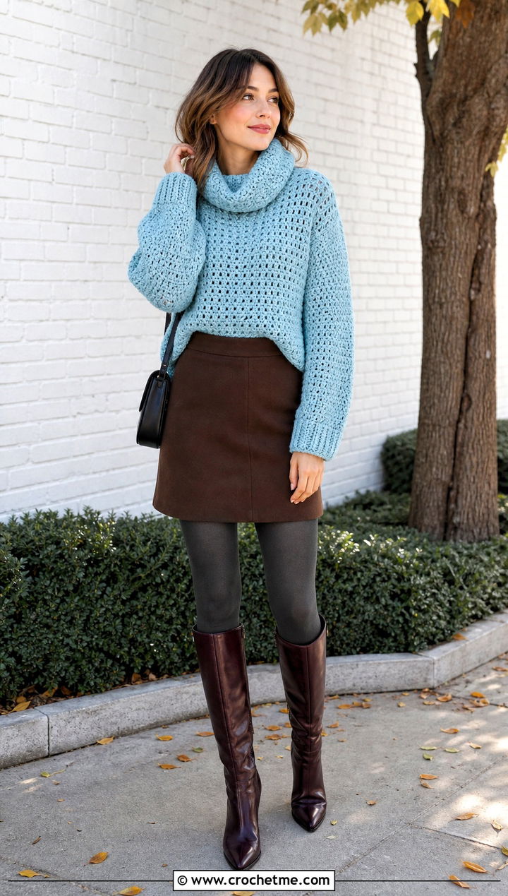 Chunky Crochet Cowl Neck Sweater With Mini Skirt - 25 Crochet Cowl Neck Sweater outfit ideas