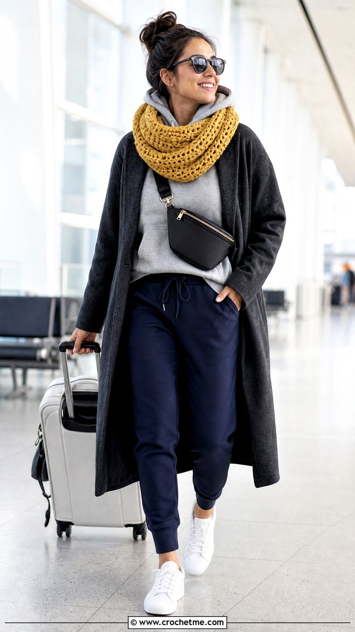 Chunky Crochet Cowl Scarf With Hoodie And Joggers - 35 chunky crochet scarf outfit ideas