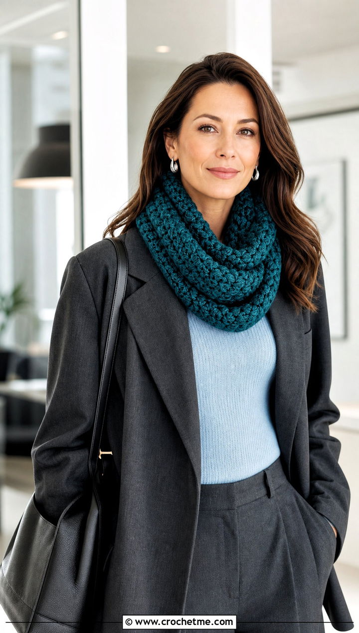 Chunky Crochet Cowl With Pantsuit - 30 bulky crochet scarf outfit ideas