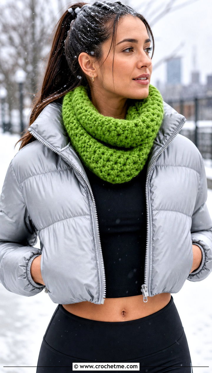 Chunky Crochet Cowl With Puffer Jacket - 20 Crochet Tube Scarf outfit ideas