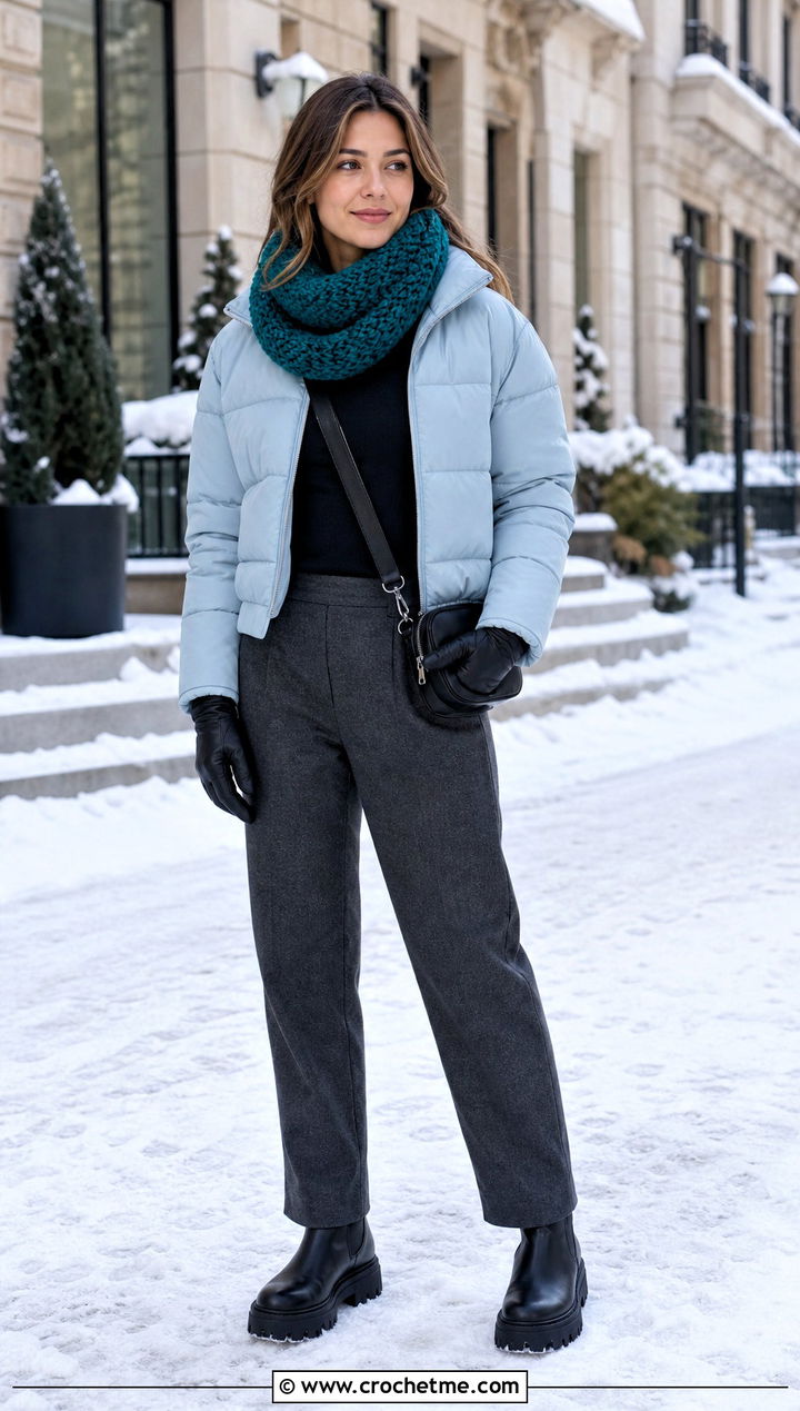Chunky Crochet Cowl With Puffer Jacket - 35 crochet neck scarf outfit ideas