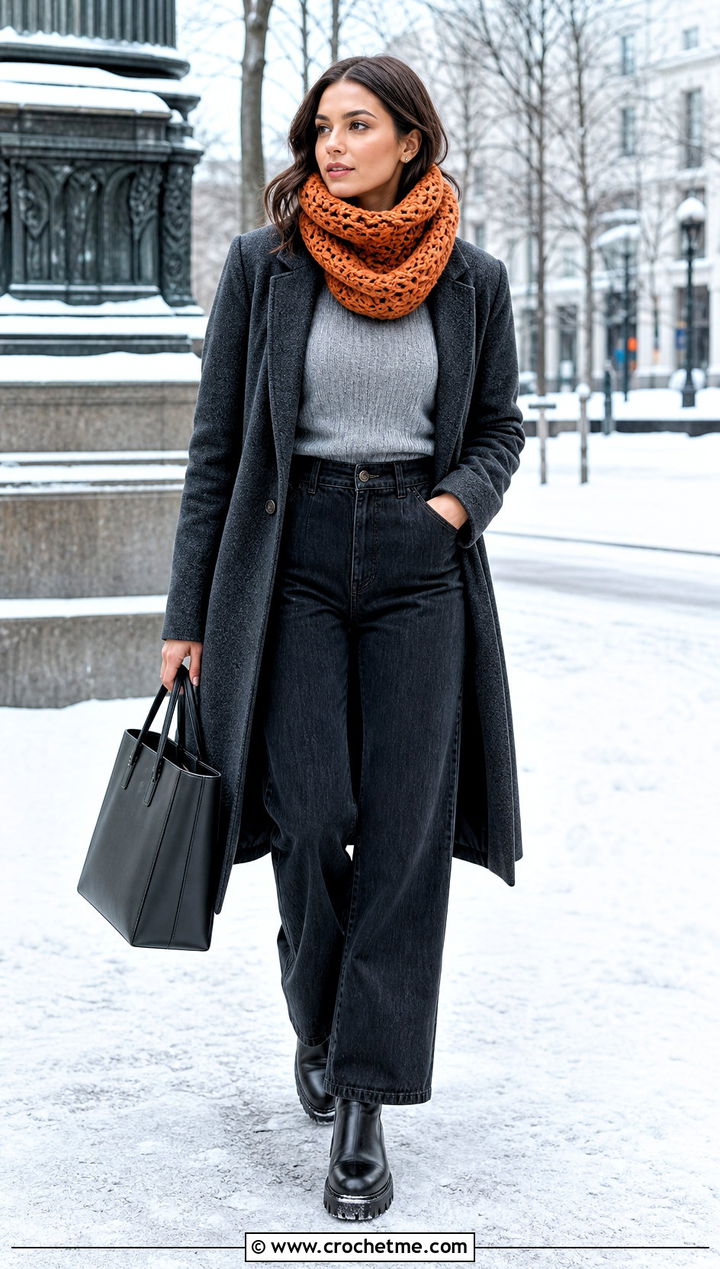 Chunky Crochet Cowl With Wool Coat And Wide Leg Jeans - 35 easy crochet scarf for beginners outfit ideas