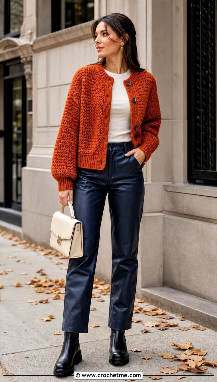 Chunky Crochet Crew Neck Cardigan With Leather Pants - 20 crochet crew neck cardigan outfit ideas