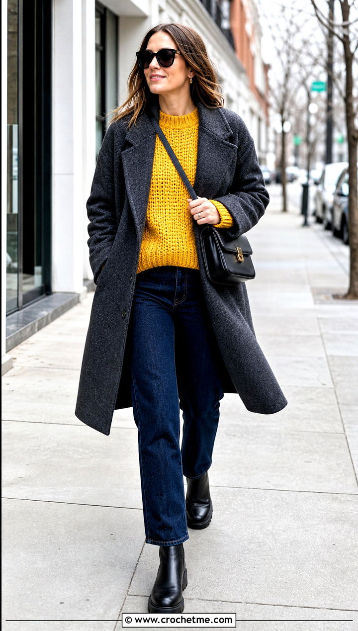 Chunky Crochet Crewneck Sweater With Straight Leg Jeans - 30 crochet winter sweater outfit ideas