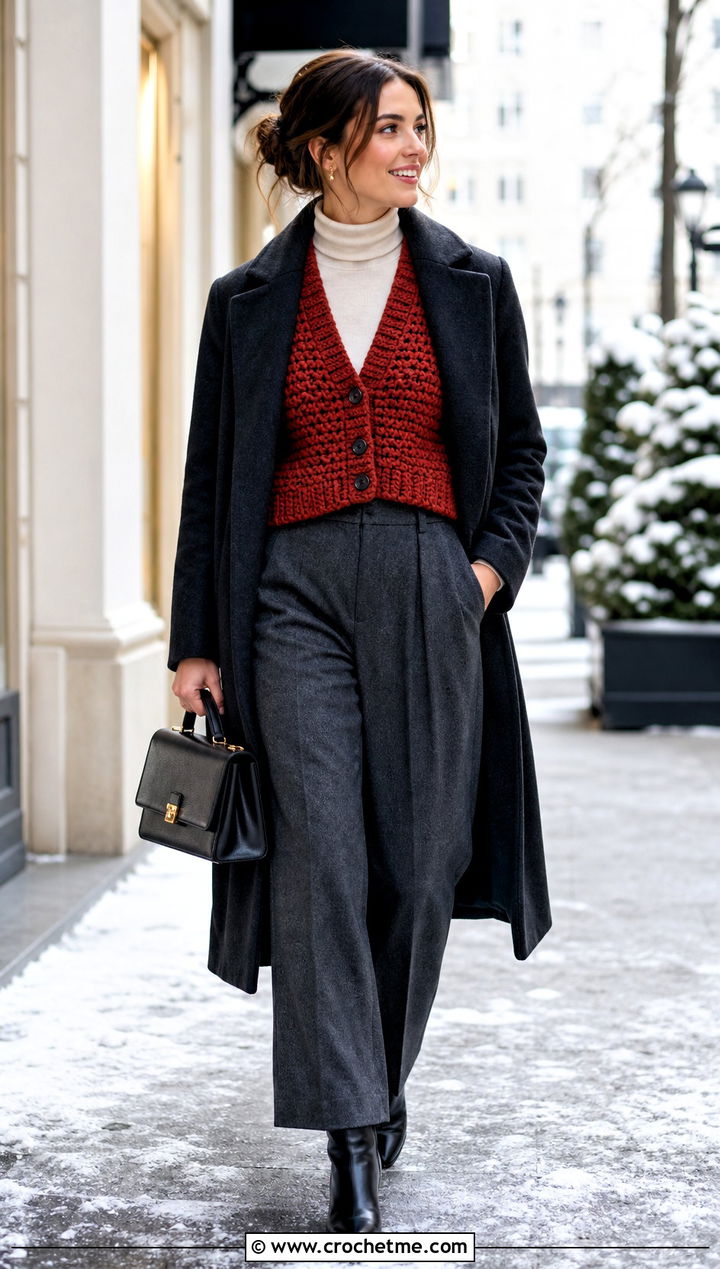 Chunky Crochet Crop Cardigan With Turtleneck And Wool Trousers - 30 crochet crop cardigan outfit ideas