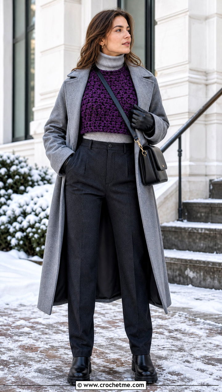 Chunky Crochet Cropped Jumper With Layered Winter Basics - 30 crochet cropped jumper outfit ideas