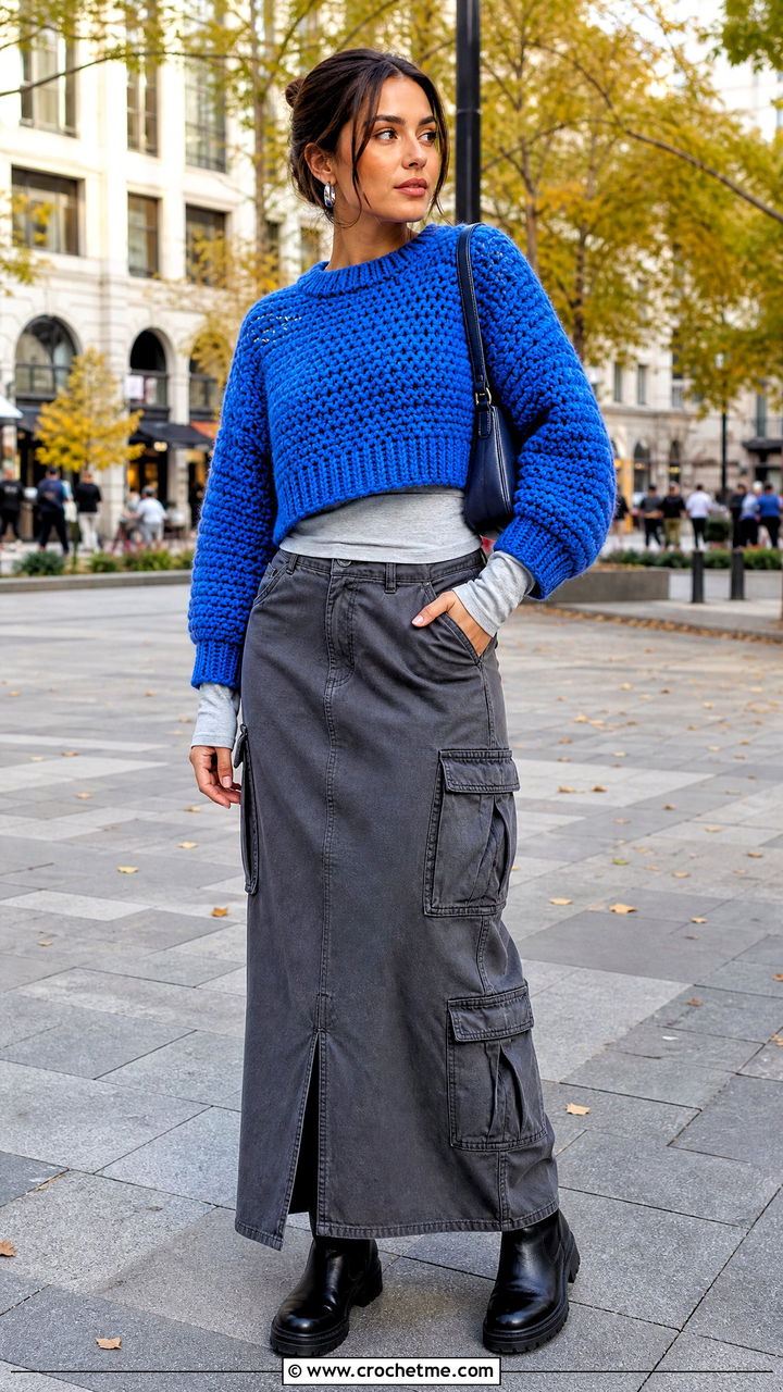 Chunky Crochet Cropped Sweater With Cargo Maxi Skirt - 35 crochet cropped sweater outfit ideas