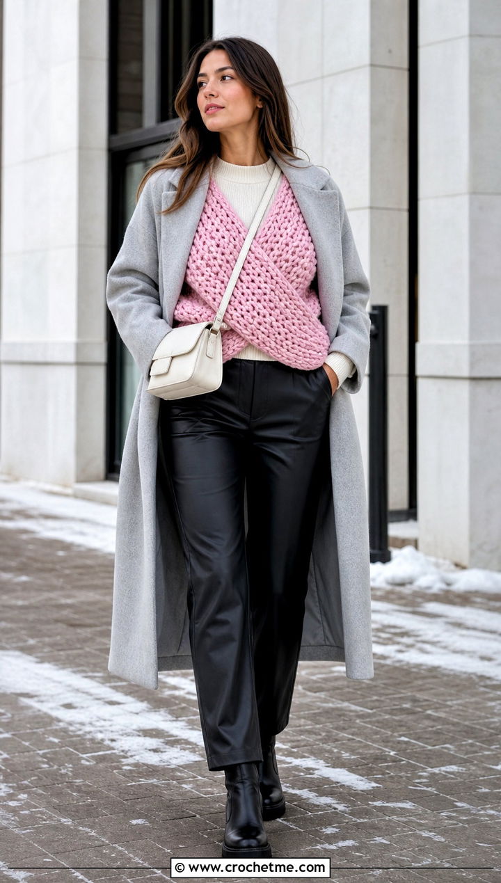 Chunky Crochet Crossover Sweater With Faux Leather Pants - 15 Crochet Crossover Sweater outfit ideas