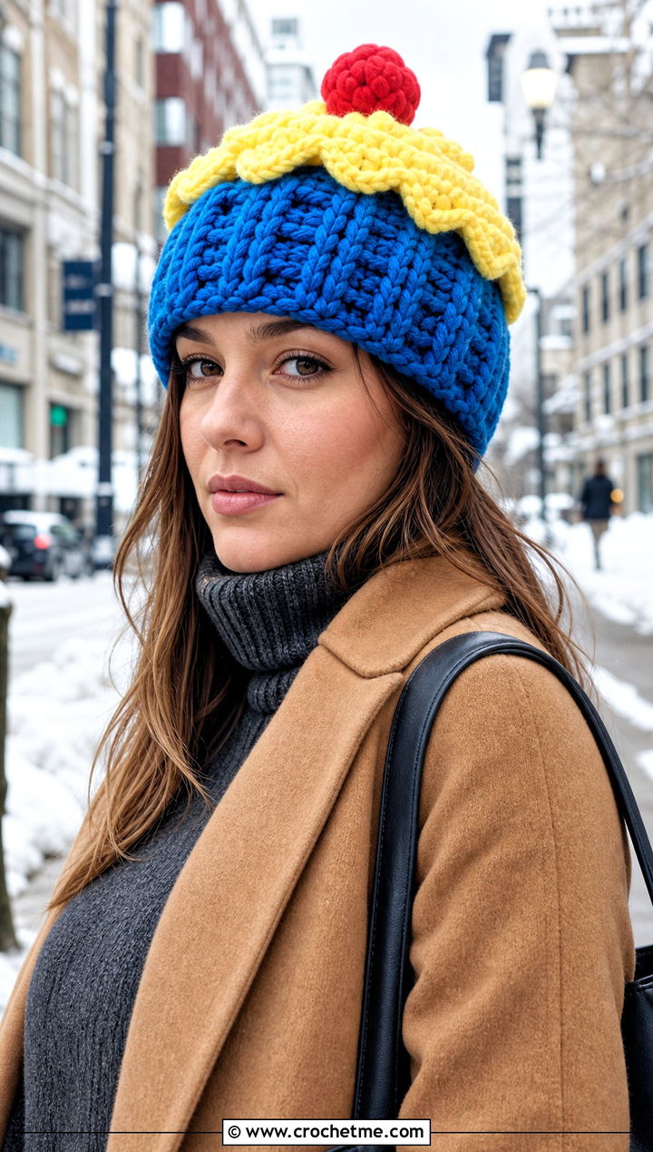 Chunky Crochet Cupcake Beanie With Wool Coat - 30 crochet cupcake hat outfit ideas
