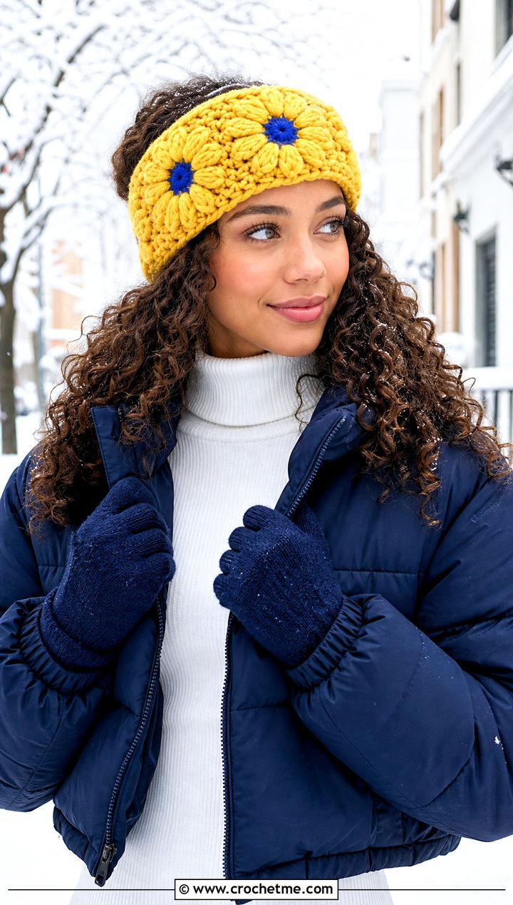 Chunky Crochet Daisy Ear Warmer Headband With Puffer Jacket - 25 Crochet Daisy Headband outfit ideas