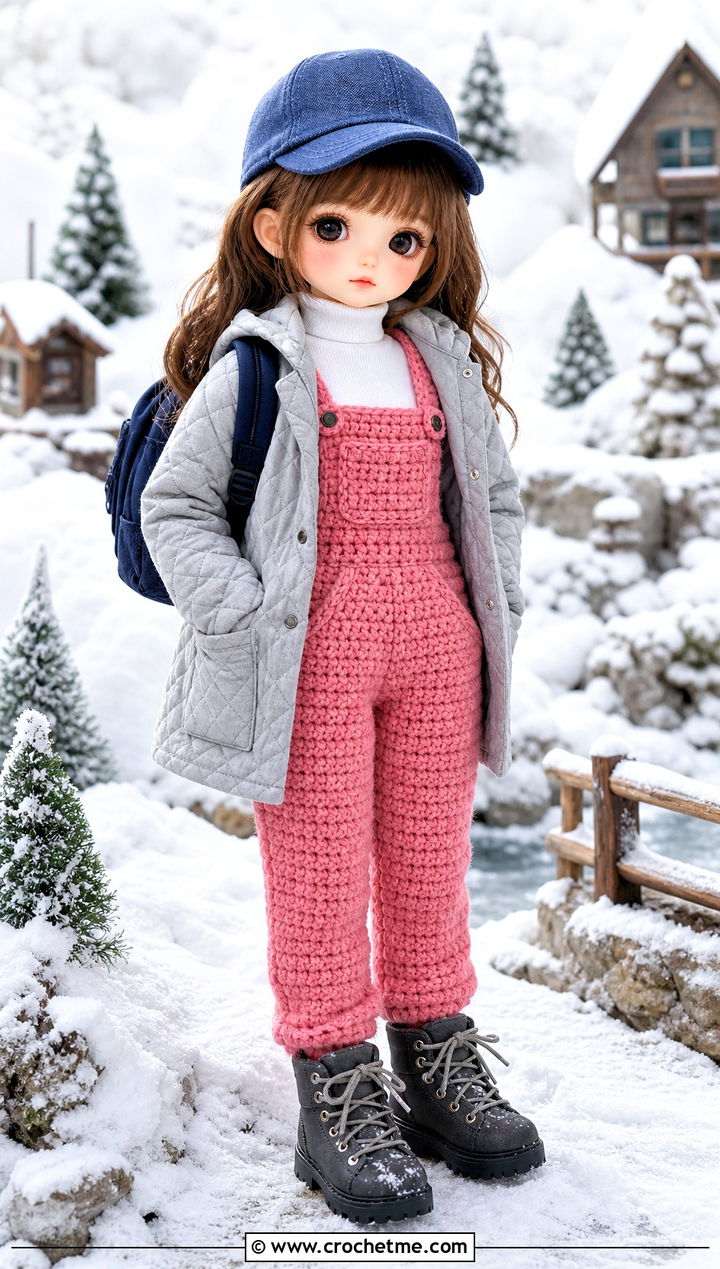 Chunky Crochet Doll Overalls With Quilted Coat - 30 crochet doll overalls outfit ideas