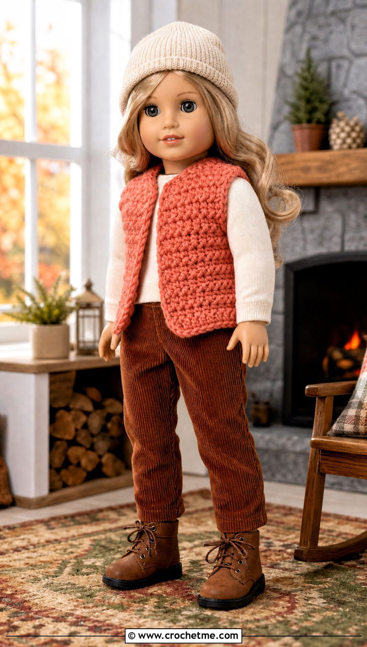 Chunky Crochet Doll Vest With Corduroy Pants - 20 crochet doll vest outfit ideas