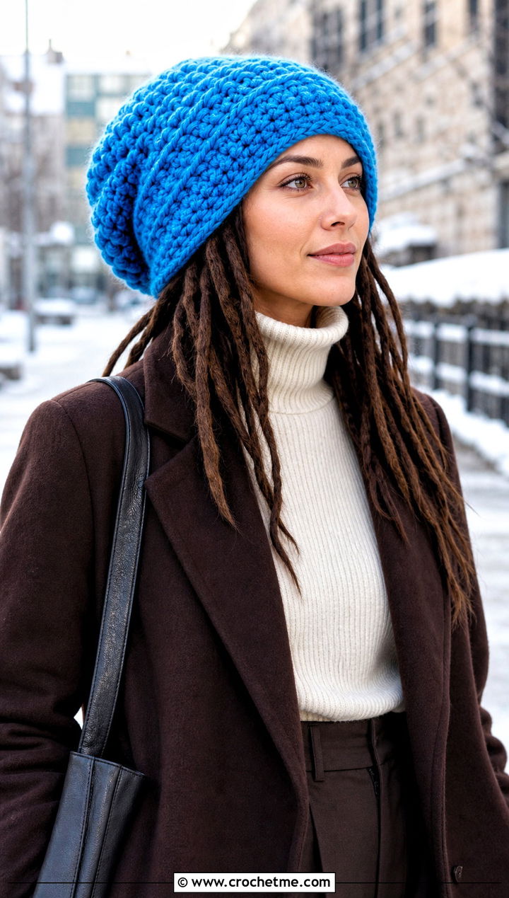 Chunky Crochet Dread Beanie With Wool Coat And Trousers - 20 Crochet Dread Cap outfit ideas