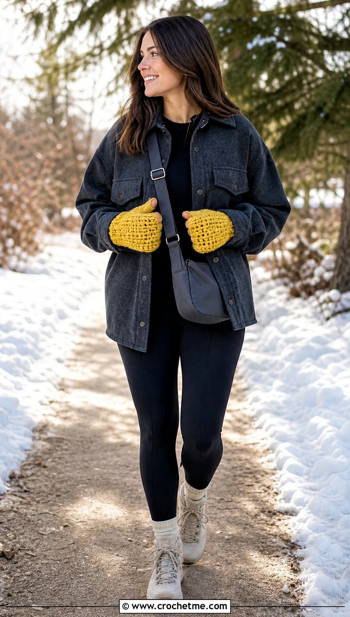 Chunky Crochet Driving Gloves With Shacket And Leggings - 25 Crochet Driving Gloves outfit ideas
