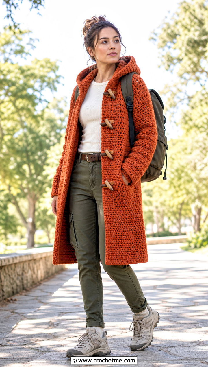 Chunky Crochet Duffle Coat With Cargo Pants - 25 Chunky Crochet Coat outfit ideas