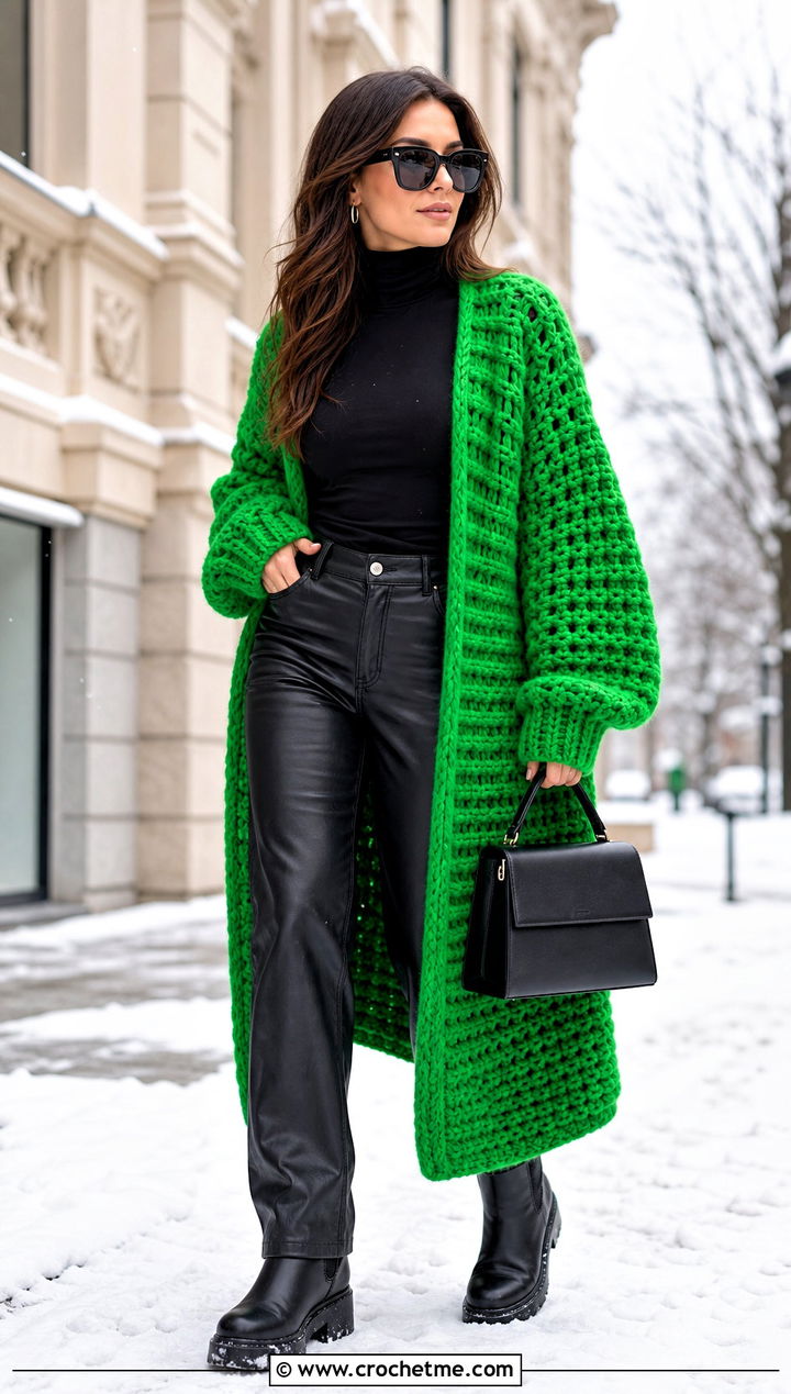 Chunky Crochet Duster Cardigan With Leather Pants - 20 Easy Crochet Long Cardigan outfit ideas