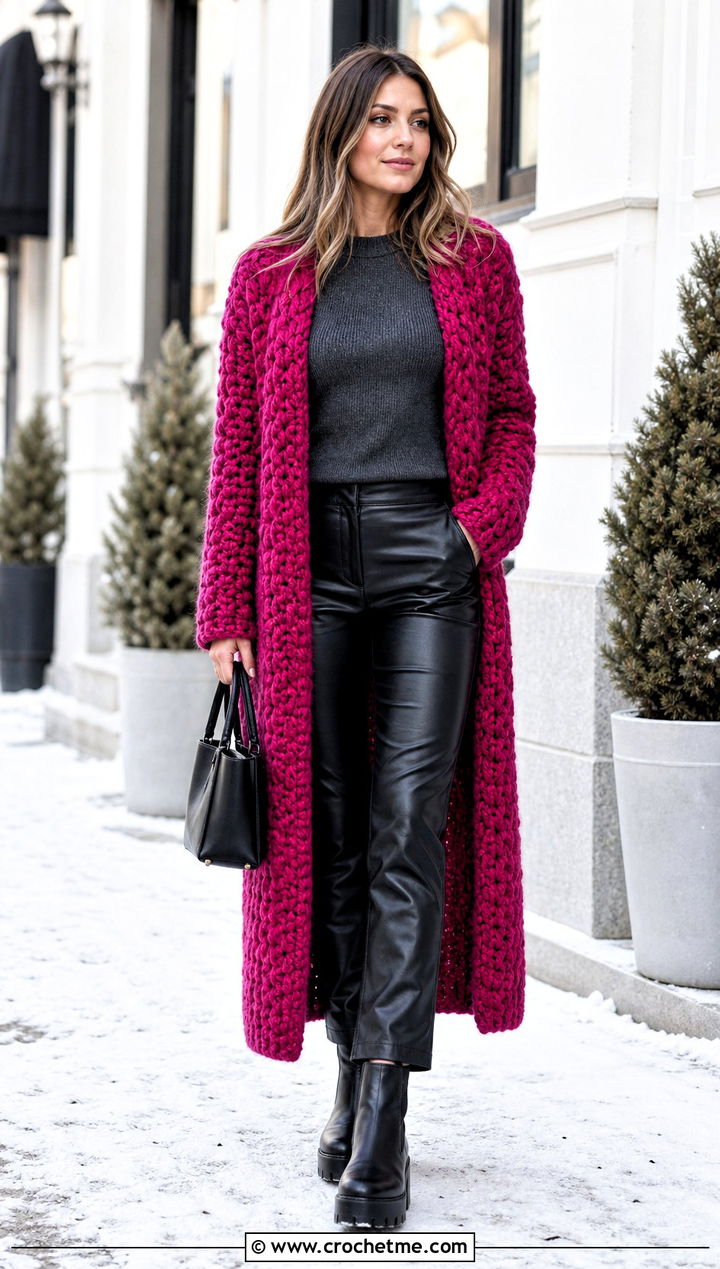 Chunky Crochet Duster Cardigan With Leather Pants - 20 Crochet Longline Cardigan outfit ideas