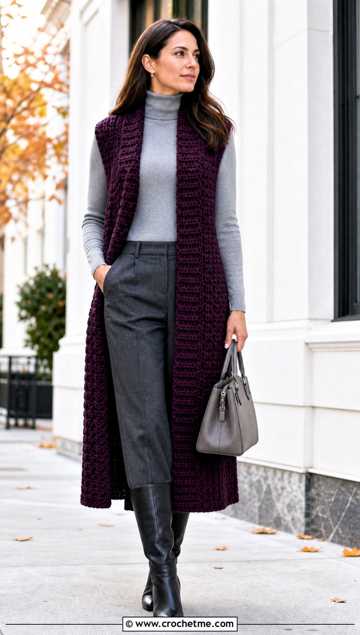 Chunky Crochet Duster Vest With Turtleneck And Boots - 20 crochet duster vest outfit ideas