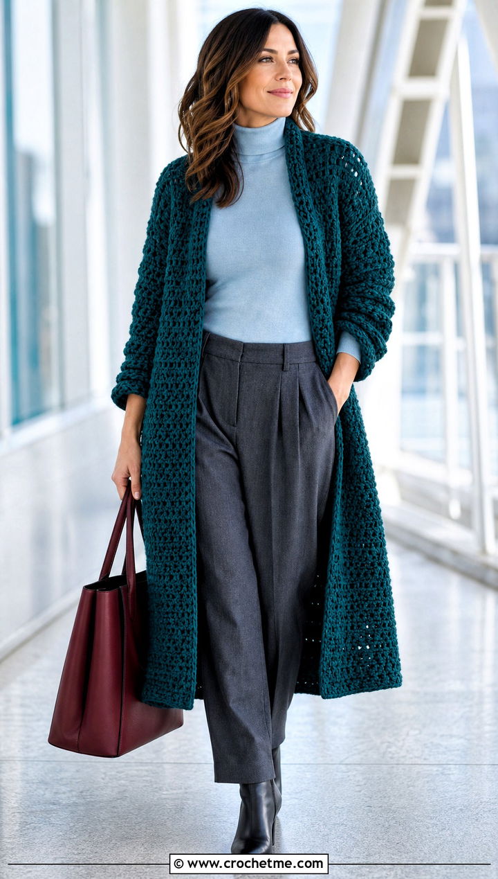 Chunky Crochet Duster With Turtleneck And Pleated Trousers - 25 crochet duster outfit ideas