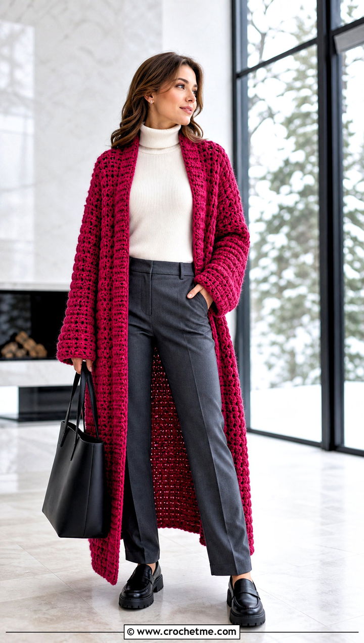 Chunky Crochet Duster With Turtleneck And Tailored Pants - 25 Easy Crochet Duster outfit ideas