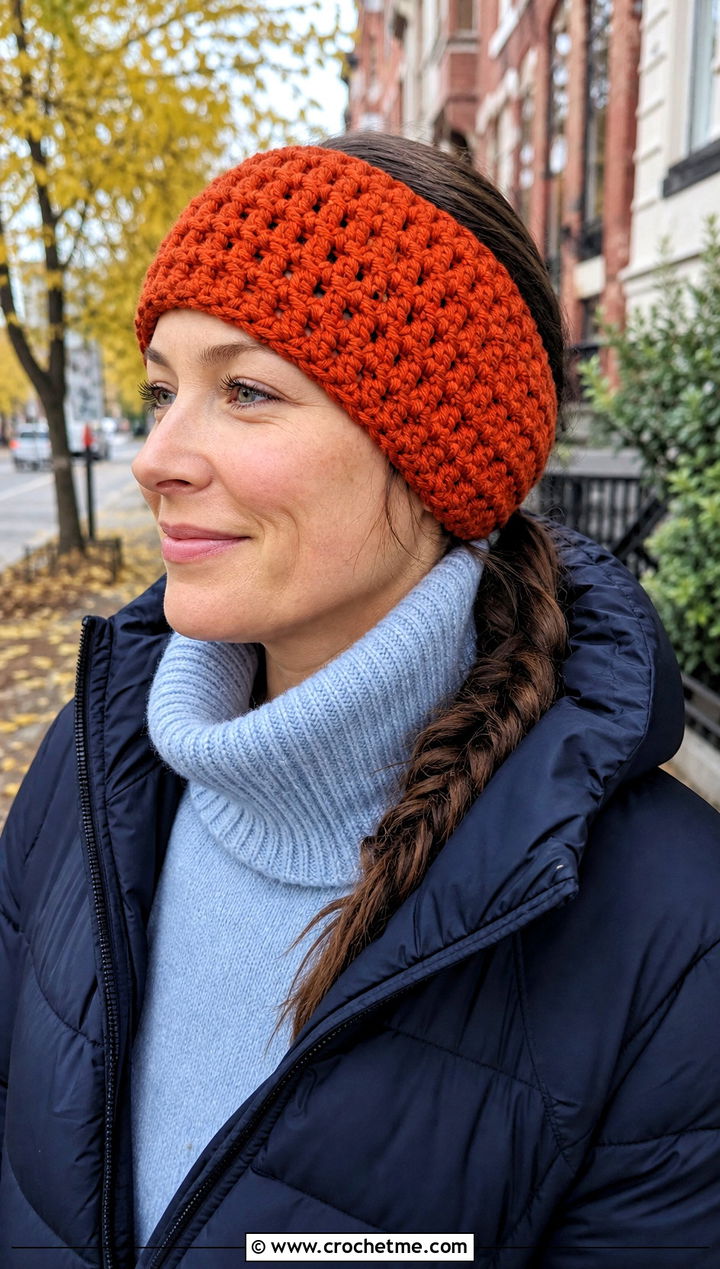 Chunky Crochet Ear Warmer With Puffer Coat - 30 crochet fall headband outfit ideas