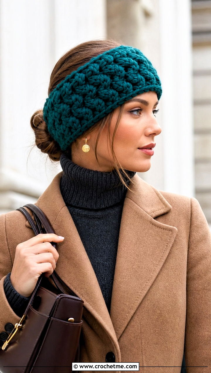 Chunky Crochet Ear Warmer With Wool Coat - 25 Beginner Crochet Ear Warmer outfit ideas