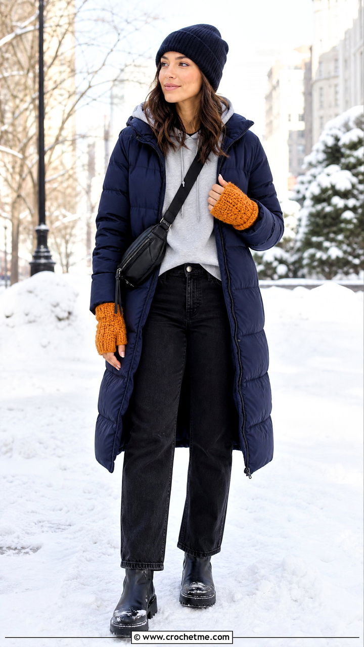 Chunky Crochet Fingerless Gloves With Puffer Coat - 35 easy crochet fingerless gloves outfit ideas