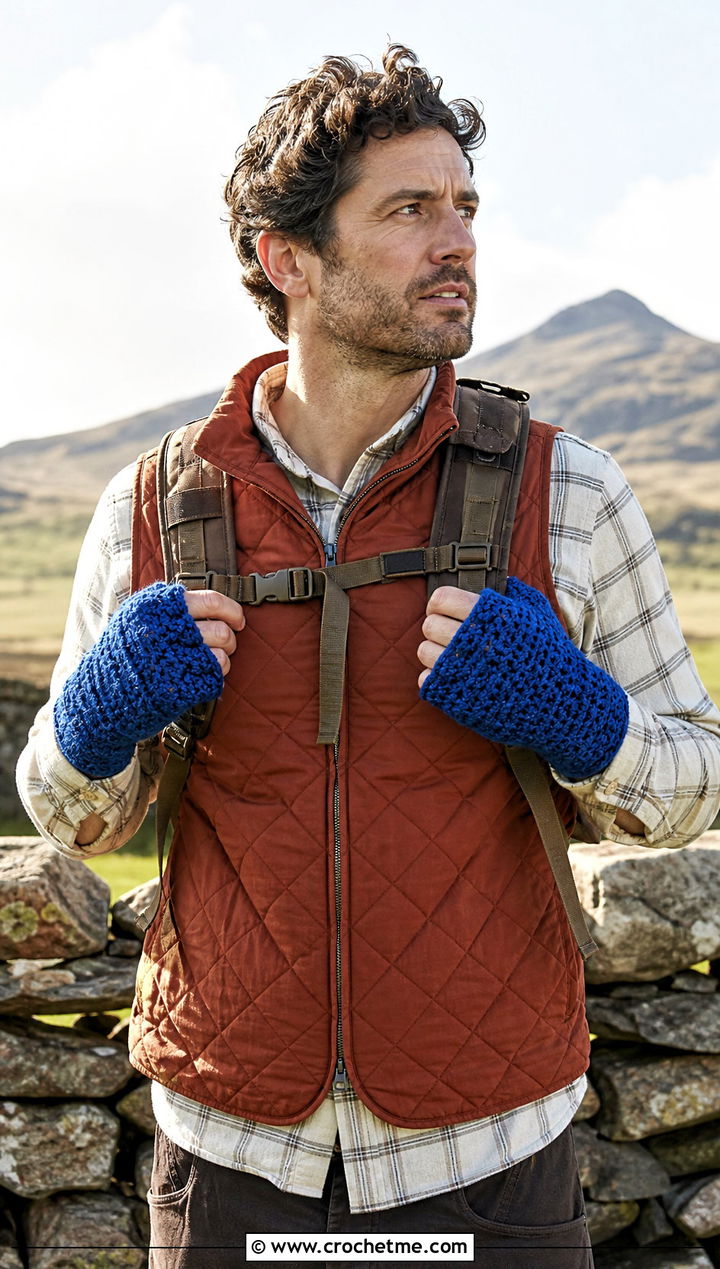 Chunky Crochet Fingerless Gloves With Quilted Vest - 25 Crochet Mens Fingerless Gloves outfit ideas