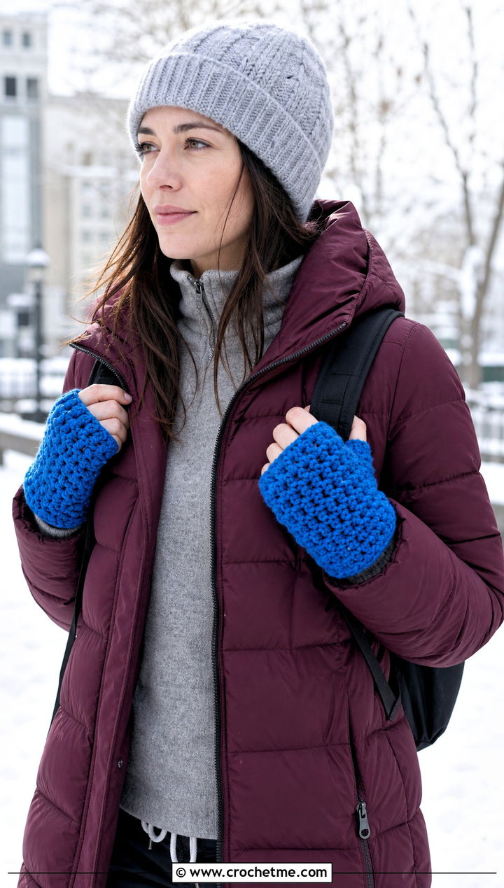Chunky Crochet Fingerless Mitts With Puffer Coat - 25 Crochet Fingerless Mitts outfit ideas