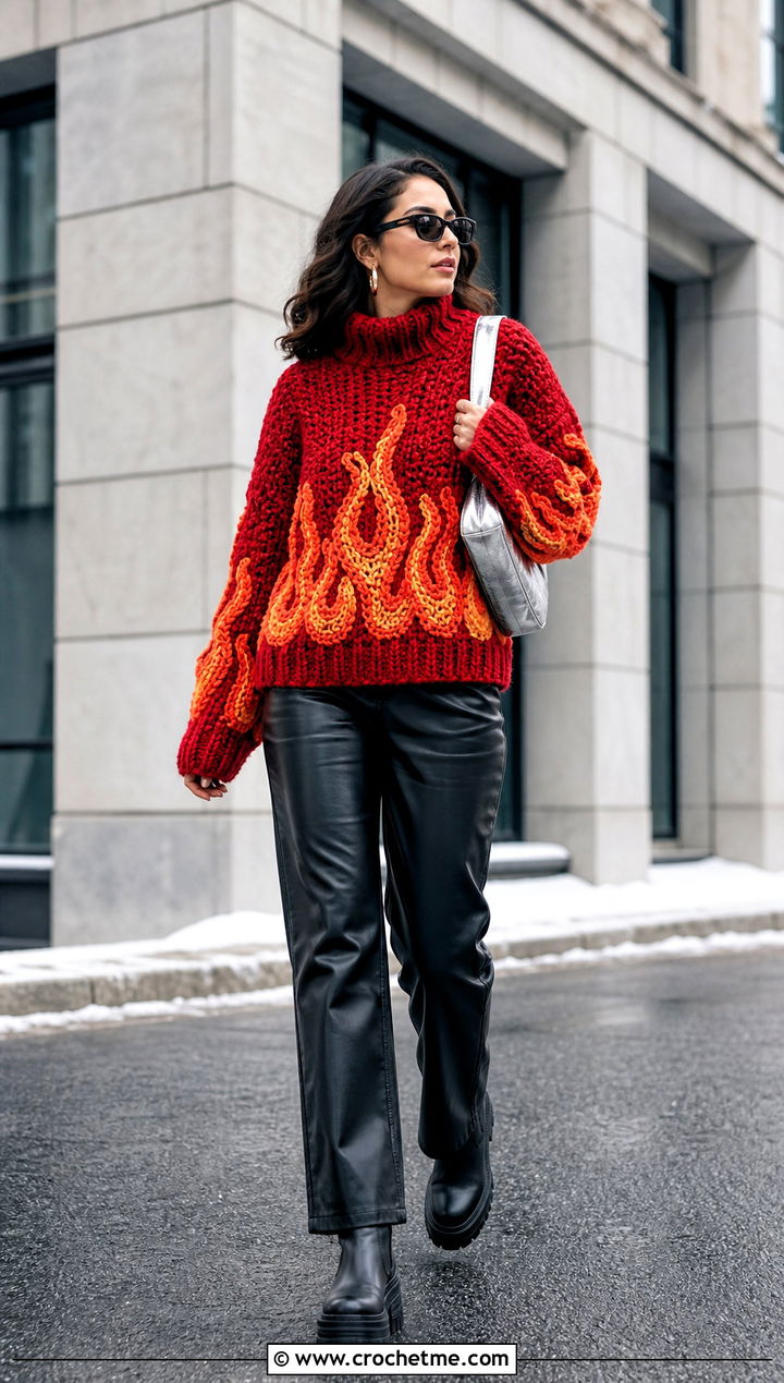 Chunky Crochet Fire Pullover With Leather Pants - 25 Crochet Fire Sweater outfit ideas