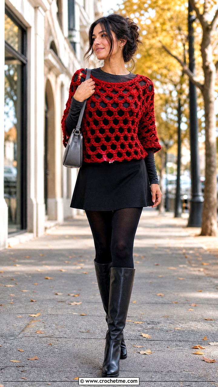 Chunky Crochet Fishnet Top With Mini Skirt And Boots - 35 crochet fishnet top outfit ideas