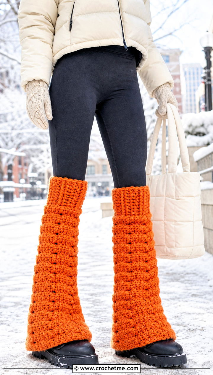 Chunky Crochet Flared Leg Warmers With Puffer Jacket - 30 Crochet Flared Leg Warmers outfit ideas