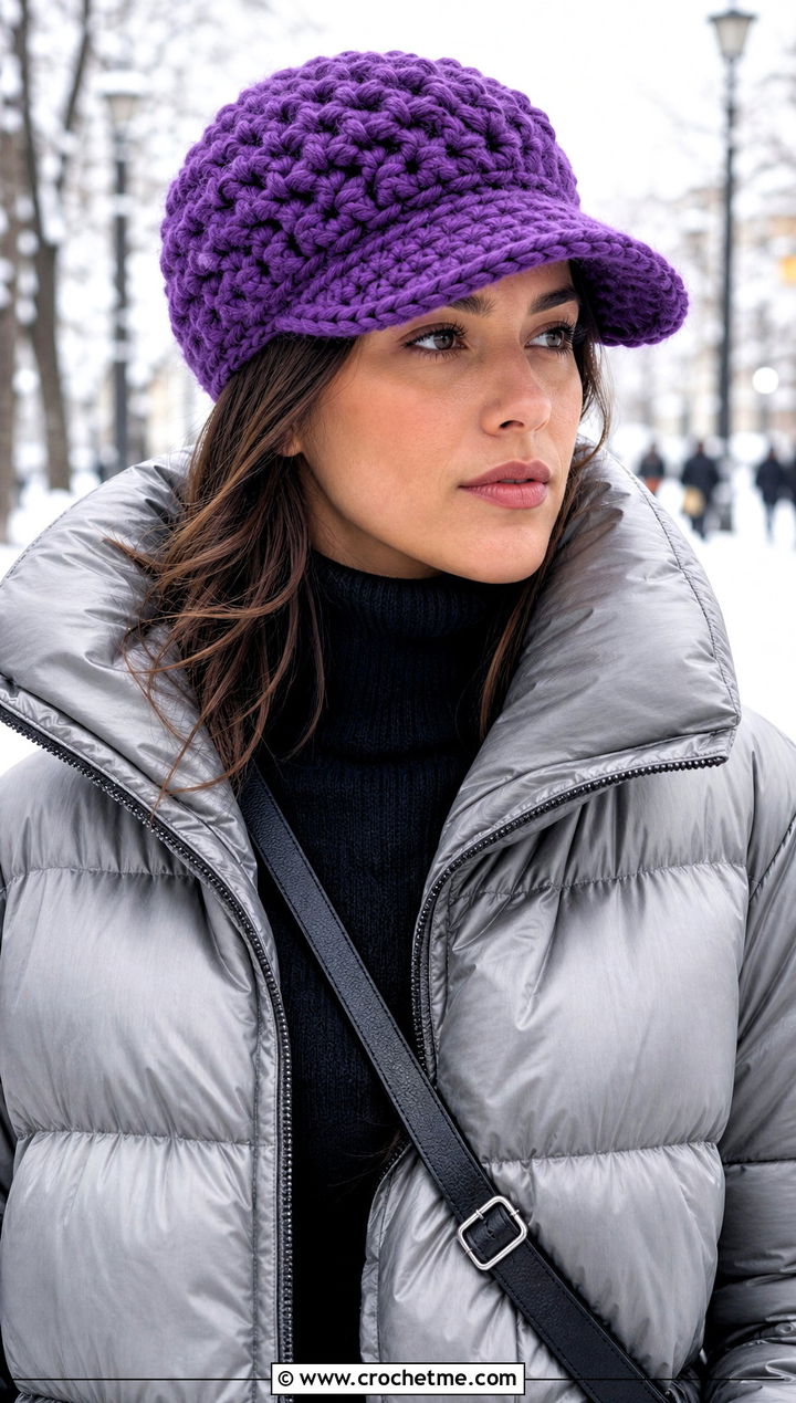 Chunky Crochet Flat Cap With Puffer Coat And Leggings - 25 crochet flat cap outfit ideas