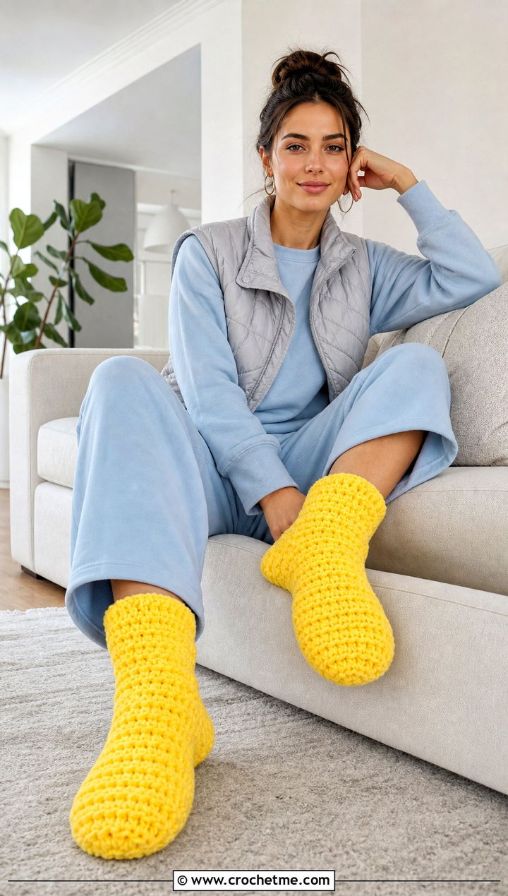 Chunky Crochet Fluffy Slipper Socks With Lounge Set - 25 Crochet Fluffy Socks outfit ideas