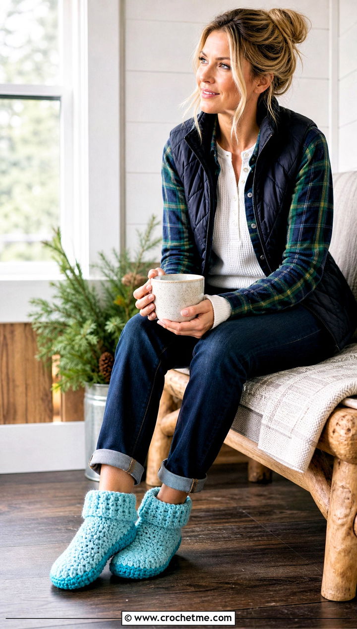 Chunky Crochet Fold Over Cuff Slippers With Flannel and Jeans - 30 chunky crochet slippers outfit ideas