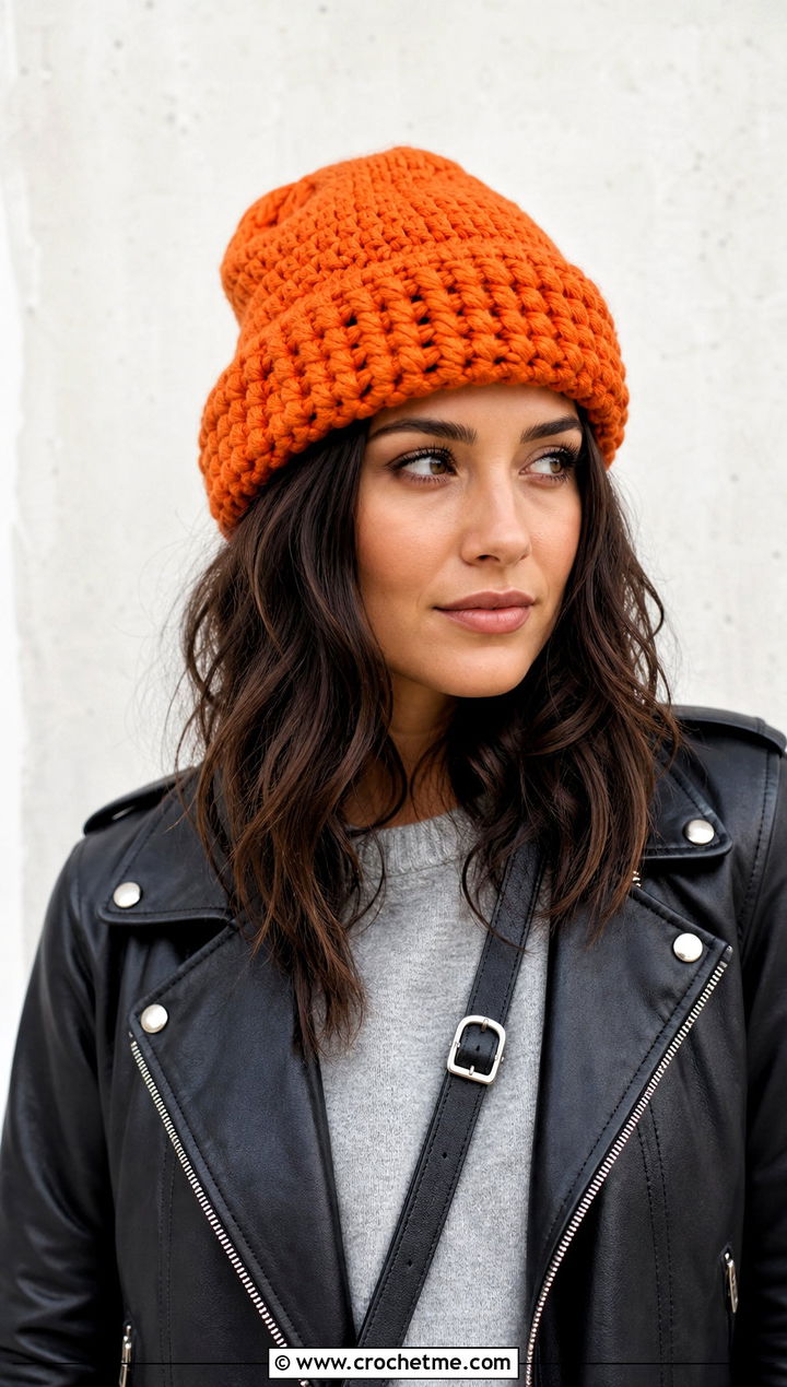 Chunky Crochet Fold Up Brim Beanie With Leather Jacket - 15 Crochet Hat With Fold Up Brim outfit ideas