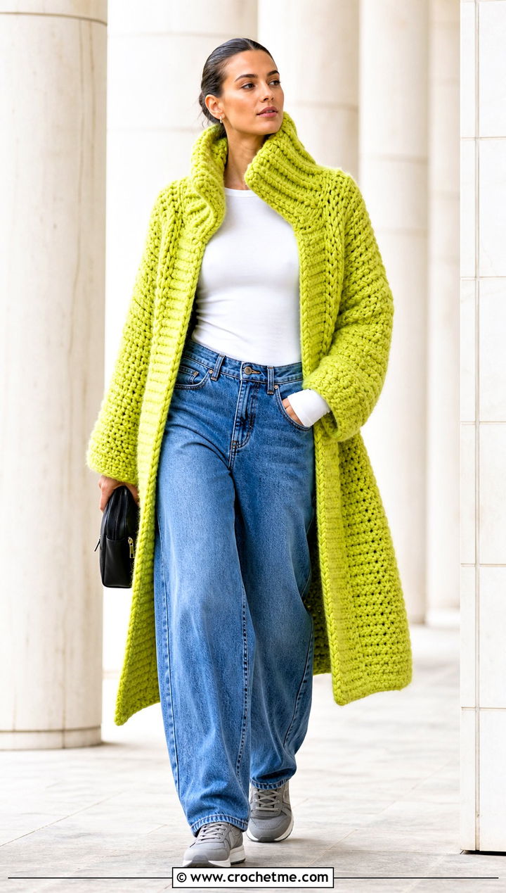 Chunky Crochet Funnel Neck Coat With Barrel Jeans - 25 Chunky Crochet Coat outfit ideas