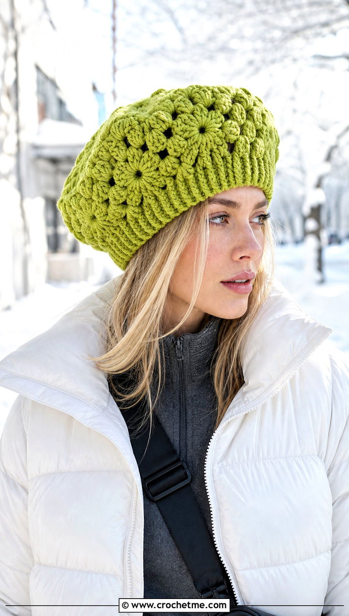 Chunky Crochet Granny Square Beret With Puffer Jacket And Leggings - 25 Crochet Granny Square Beret outfit ideas