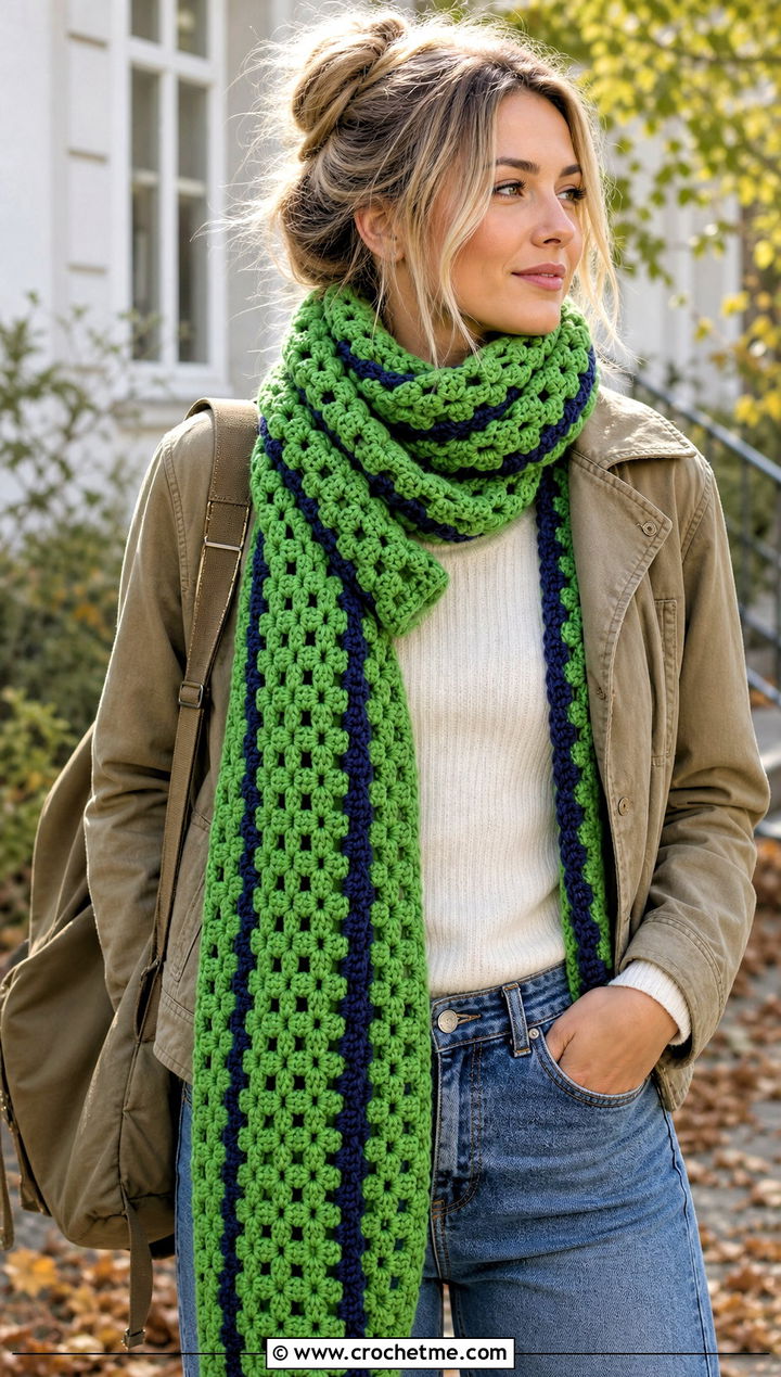 Chunky Crochet Granny Stitch Scarf With Barrel Jeans - 30 crochet granny stitch scarf outfit ideas