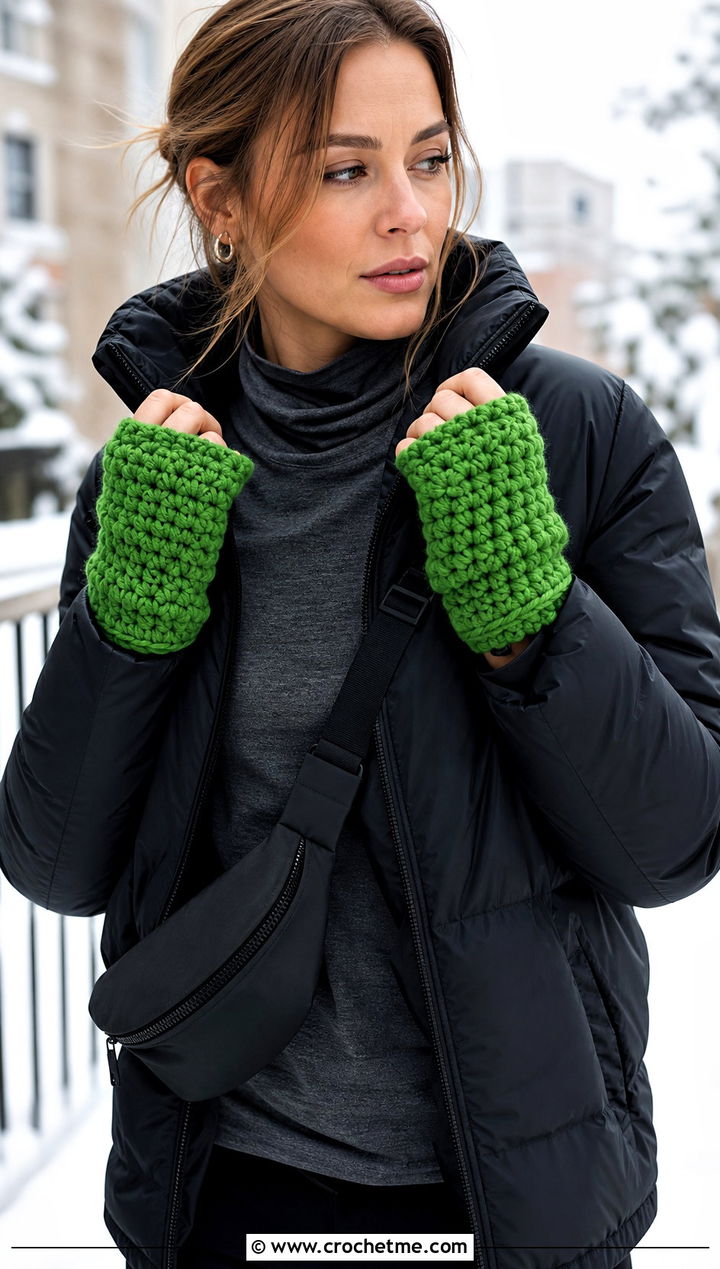 Chunky Crochet Half Finger Gloves With Puffer Jacket - 30 crochet half finger gloves outfit ideas