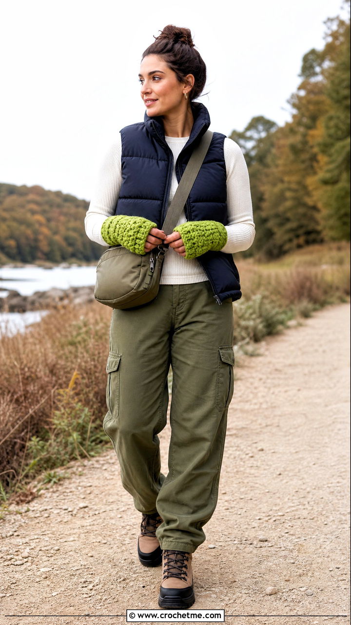 Chunky Crochet Hand Warmers With Puffer Vest - 35 crochet hand gloves outfit ideas
