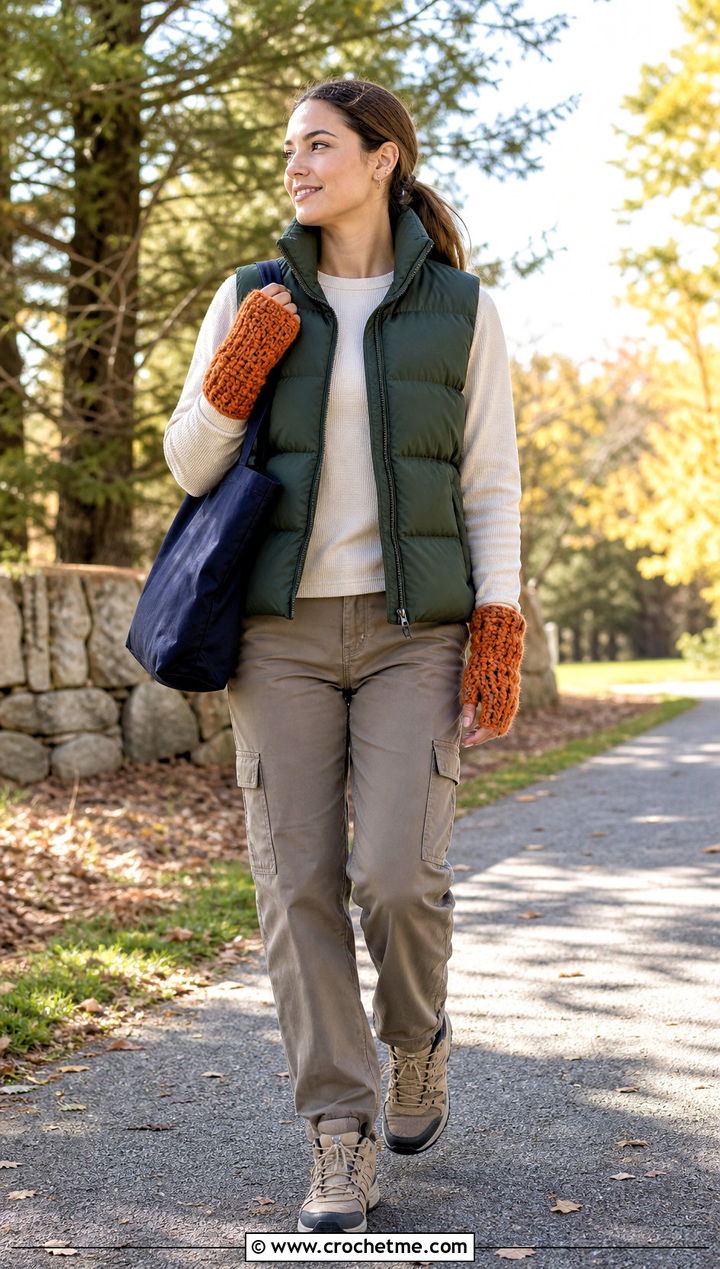 Chunky Crochet Handwarmers With A Puffer Vest - 35 crochet handwarmers outfit ideas